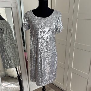 Silver Sequin Short Sleeve Dress